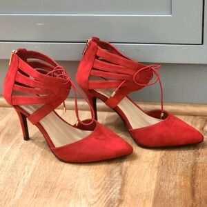Lane Bryant 9W Red Pointed Toe Heels Strappy Lace Up Back Zip